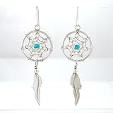 Medium Navajo Dream Catcher Earrings with Feather in Sterling Silver and a Turquoise Bead Accent,...