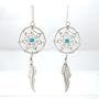 Medium Southwestern Native American Dangle Dreamcatcher Earrings with Feather in Sterling Silver and Turquoise, #8317