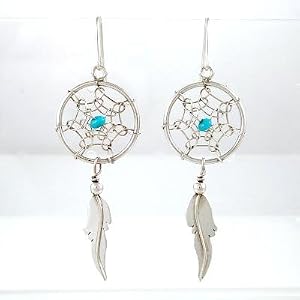 Medium Southwestern Native American Dangle Dreamcatcher Earrings with Feather in Sterling Silver and Turquoise, #8317