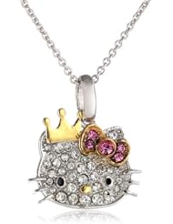 Hello Kitty Girls "Princess Pave" Sterling Silver Pave Crystal Face Pink Crystal Bow Yellow Gold Plated Crown Small Pendant Necklace, 18"
