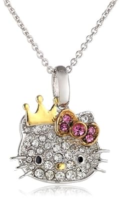 Cheap Girls Jewelry Hello Kitty Girls "Princess Pave" Sterling Silver Pave Crystal Face Pink Crystal Bow Yellow Gold Plated Crown Small Pendant Necklace, 18" For Sale