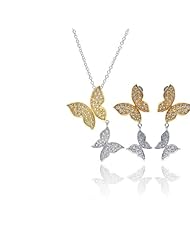 Sterling Silver & CZ Ladies Two Tone Butterfly Necklace and Earrings Set