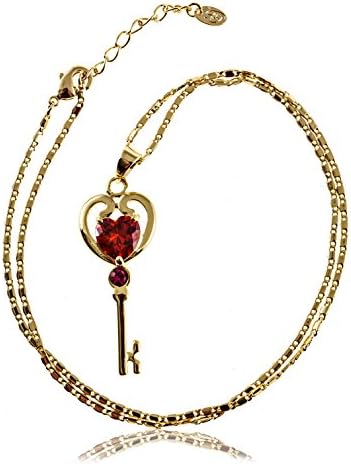 The East Bar Key & Heart Pendant Necklace with Created Red Ruby: 18K Gold Plated Jewelry Gift for Women