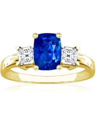 18K Yellow Gold Cushion Cut Blue Sapphire Three Stone Ring