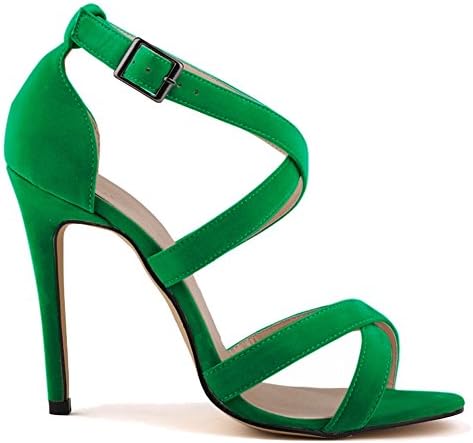 Loslandifen Women's Ankle Strap High Heels Faux Velvet Stilettos Sandals Pumps(102-1AVE37,green)