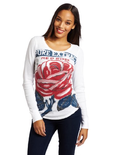 Lucky Brand Womens Rose Fragrance Thermal Graphic Knit Top, White, Large
