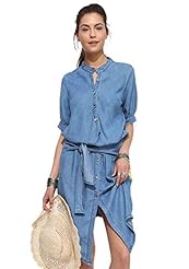 Short Summer Belted Elbow Length Sleeves Denim  Shirt  Dress