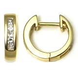 14K Yellow Gold Diamond Hoop Huggie Earrings