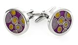 Unusual silver plated round cufflinks with pink, purple lilac and gold enamel accents with presentation box