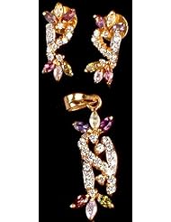 Gold Pendant & Earrings Set with Multi Sapphires & Diamonds - 18 K Gold
