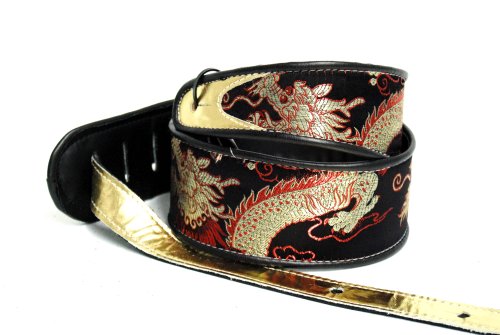 Jodi Head Wide Face Black Dragon Silk Brocade with Gold Adjustable Tail Guitar Strap