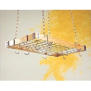 Rogar Wood Pot Rack with Metal Accents and Optional Additional Pot Rack Hooks 41xx