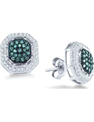 Blue and White Round Brilliant Cut Diamond Stud Earrings in White or Yellow Gold Setting (2/5 cttw)
