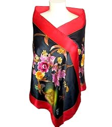 SilkNOW Unique 3D Design Red and Black Scarf, Hand Painted, Hand Embroidered, and Hand Beaded, 100% Silk Satin with Beautiful Floral Pattern