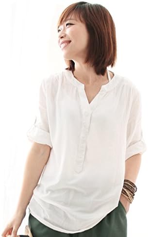Women' s Linen Clothing Sheer V Neck Long Loose Blouse Color White Free Size