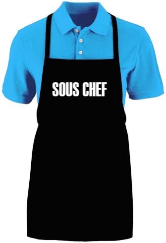 Funny "SOUS CHEF" Apron; Apron; One Size Fits Most - Medium Length Kitchen Aprons for Men, Women, Teen, & Kids (Unisex); Soft Cotton Polyester Mix with DuPont Teflon Fabric Protector. Great gift idea.