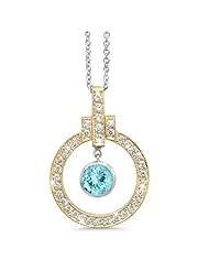 Elegant Bow Twin Circle Diamond Pendant In 18K Yellow Gold With A 0.32 ct. Genuine aquamarine Center Stone.