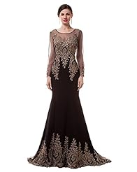 Chiffon Mermaid Embroidered Applique Long Sleeves Evening Dress 