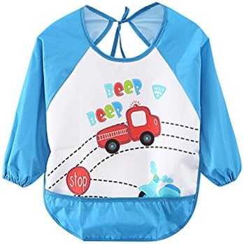 KooKu Cute Cartoon Infant Baby Waterproof Sleeved Bib, Set of 2 ,6 Months-3 Years (Blue Car and Orange Monkey)