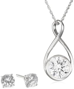 Sterling Silver Infinity Drop Cubic Zirconia Earrings and Pendant Necklace Set, 18"