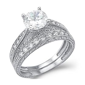 New 14k White Gold CZ Engagement Ring Wedding Band Set Round Cut