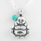 Sitting Buddha Pendant in Sterling Silver with a Turquoise Bead on a 16 Box Chain, #8517