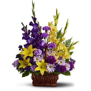 Sympathy Flowers in a Funeral Basket Teleflora's Basket of Memories Purple and Yellow Flowers