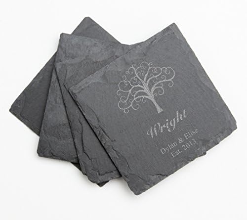 Personalized Coasters Slate, Custom Engraved Slate Coaster Set Ornamental Tree Design 18-Personalized Wedding Gifts, Anniversary Gift, Housewarming Gift, Bridal Shower Gifts