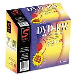 SIMON MARKETING INC. DVD-RW Discs, 4.7GB, 4x, with Jewel Cases, Five/Pack