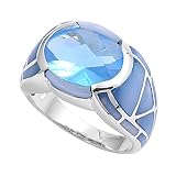 Sterling Silver Ring - Aquamarine CZ - 14 mm x 4 mm, Sizes 5,6,8,9