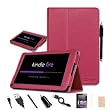 FINTIE ® (Dark Pink) PU Leather Folio Case Cover Value Package with Accessories Screen Protector/Stylus/USB cable/Car charger for Amazon Kindle Fire 7 Tablet