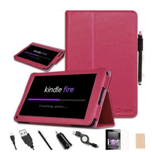 Fintie® (Dark Pink) PU Leather Folio Case Cover Value Package with Free Screen Protector/Stylus/USB cable/Car charger for Amazon Kindle Fire Tablet