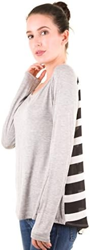 Women's Solid Striped Deep V Neck Back Tunic Top (Grey,Medium)