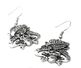 LARGE GOTH Hematite Gray Crystal Skull Cross Bones Love Kills Earrings Antique Silver Tone