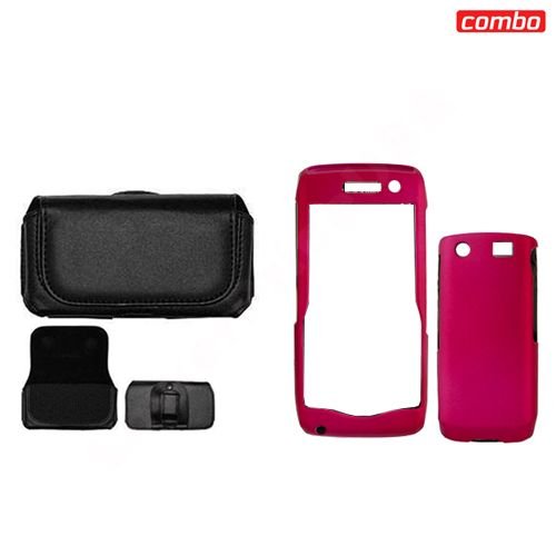 Blackberry pearl 9100 Combo Rubber Feel Rose Pink Protective Case Faceplate Cover + Black Horizontal Leather Pouch for Blackberry pearl 9100