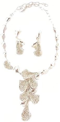 Fashion Jewellery - Diamante Leaf Cluster Necklace & Matching Earrings Set