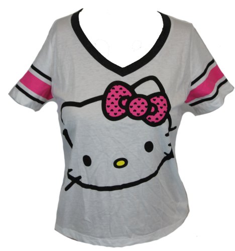 Hello Kitty Girls T-Shirt - Giant Face wih Pink Bow and Jersey Style Sleeves (X-Small) White