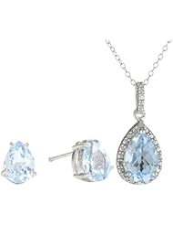 Sterling Silver Genuine Diamond and Blue Topaz Pendant Necklace and Earrings Set