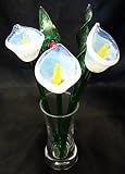 NEW Hand Blown Glass White Calla Lily Flowers & Leaves Set with Vase and Ladybug