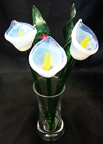 NEW Hand Blown Glass White Calla Lily Flowers & Leaves Set with Vase and Ladybug