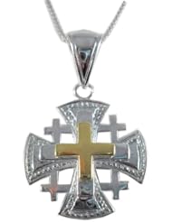 Sterling silver Jerusalem cross pendant - 3 Layers with Gold top 7/8" or 22 mm without the loop 18" necklace from Israel