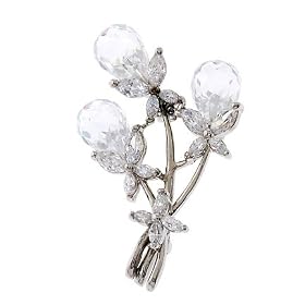 Flower Bouquet Briolette Clear Crystal C.Z. Diamond Silver Pin