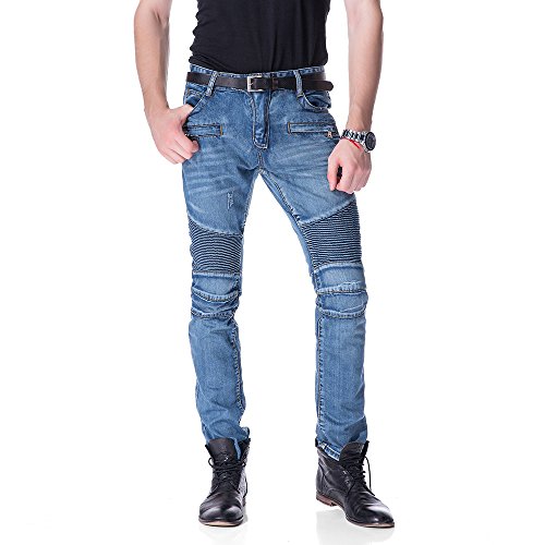 Feinste Men's Slim Zipper Biker Jeans Moto Denim Pants(32W,Blue)