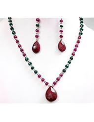 Exclusive Single Strand Natural Beautiful Faceted Emerald & Ruby Drop Beaded Necklace with Free Earrings