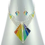 Beautiful XX-Large Icon Collection Colorful Mosaic Look Geometrical Necklace and Matching Earrings Set Silver Tone