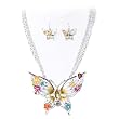 Handpainted Large Butterfly White Multi-Colors Pendant Necklace Earrings Set Fashion Jewelry