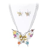 Handpainted Large Butterfly White Multi-Colors Pendant Necklace Earrings Set Fashion Jewelry
