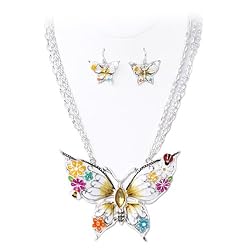 Handpainted Large Butterfly White Multi-Colors Pendant Necklace Earrings Set Fashion Jewelry
