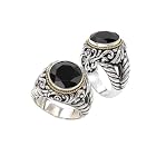 925 Silver & Round Faceted Onyx Ring with 18k Gold Accents- Size 6
