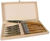 Laguiole Boxed Set of 6 Stainless Steel Steak Knives Olive Wood Handles Pierre Dubost Authentic French Import